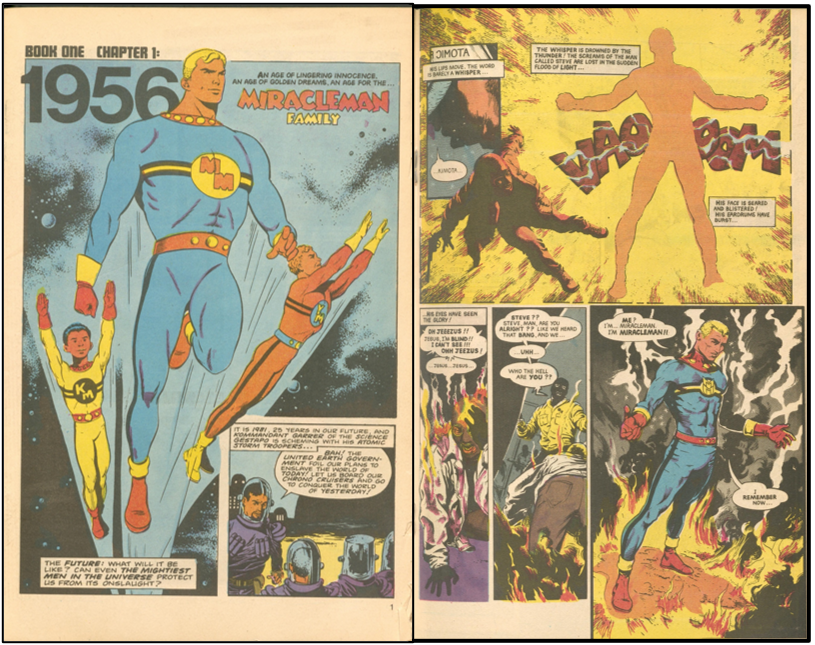 Comic panels showing the rebirth of Marvelman as Miracleman, transforming into the superhero after saying the word "Kimota."
