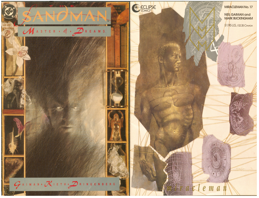 Two comic book covers showing Dave McKean's ethereal collages and artwork. in muted purples and greys
