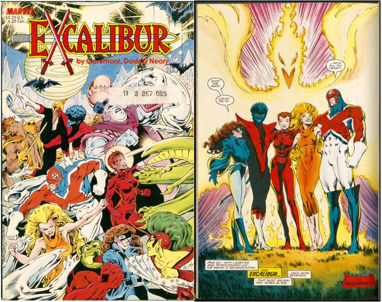 Cover showing numerous heroes and villains in the midst of battle, and an internal page showing the five core members of the Excalibur team standing arm in arm.