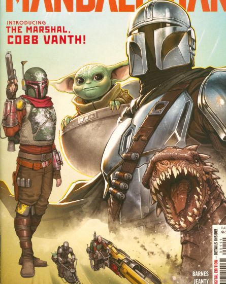 The Mandalorian stands in his metal armor with a smaller person in armor to the side, the long-eared green character Grogu behind him, and the spiky-scaled Krayt Dragon in front with its mouth open, showing off large teeth. 