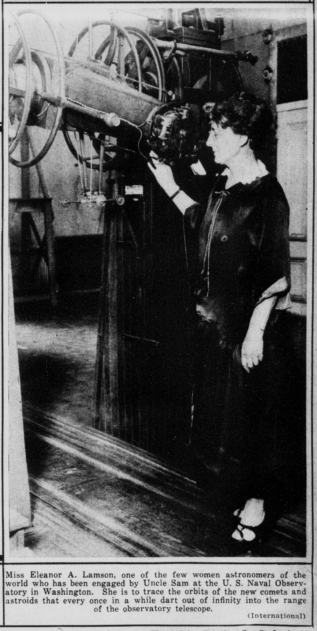 Black white and grey photograph cropped from a newspaper which shows Miss Eleanor A Lamson at the telescope of the U.S. Naval Observatory.