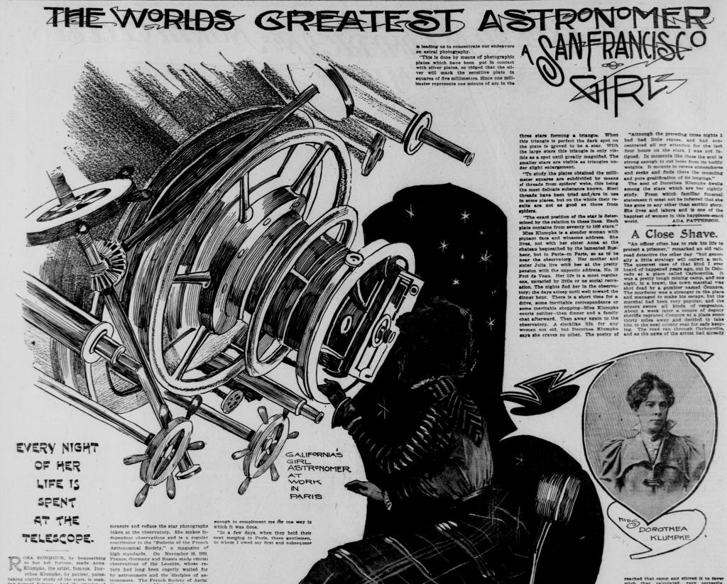 Top half of a cropped newspaper page that is black grey and white. The headline reads the worlds greatest astronomer a san francisco girl. Centered is an illustration of a woman at alarge telescope and next to the illustration is a small photograph of dorothea klumpke.