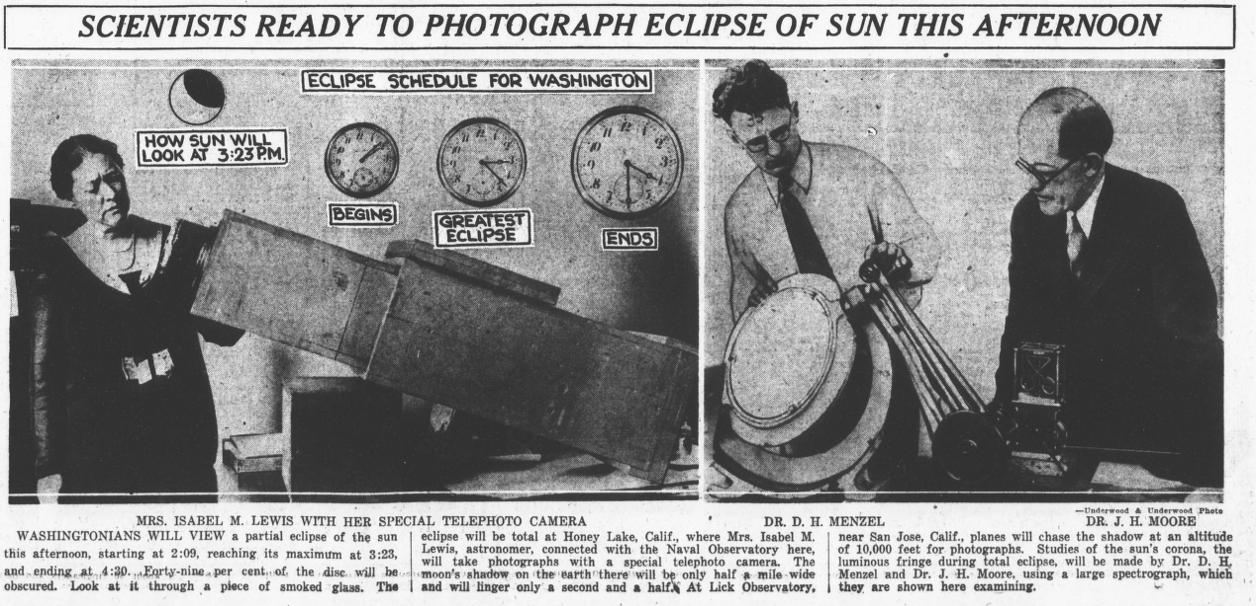 Cropped newspaper page that is black grey and white. Headline reads scientists ready to photograph eclipse of sun this afternoon and underneath an dimage of Isabel M Lewiws with her special telephoto camera next to a photo of dr. menzel and dr moore.