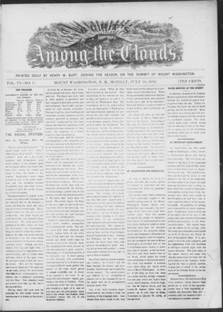 Front page of the newspaper Among the Clouds with decorative masthead showing Mount Washington.