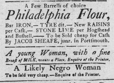 Newspaper text for ads for flour, a young woman, and a negro woman.