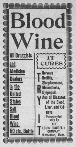 Newspaper ad with decorative scallop border for blood wine.