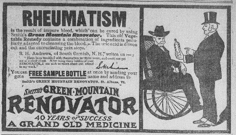 Newspaper ad for Smith's Green Mountain renovator which cures rheumatism. Illustration of two men in suits, one seated in a wheelchair, the other administering the renovator product.