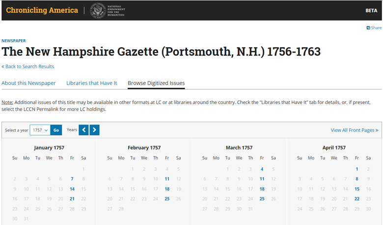 Screenshot of the calendar view for the New Hampshire Gazette. 