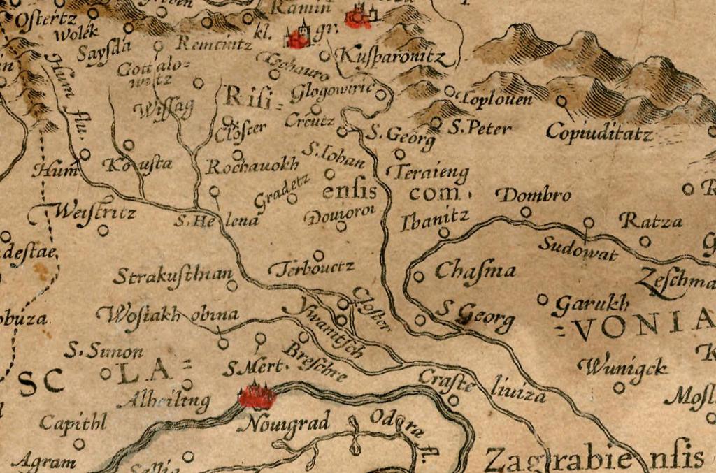 Section of printed map showing rivers, mountains, and a few dozen named towns