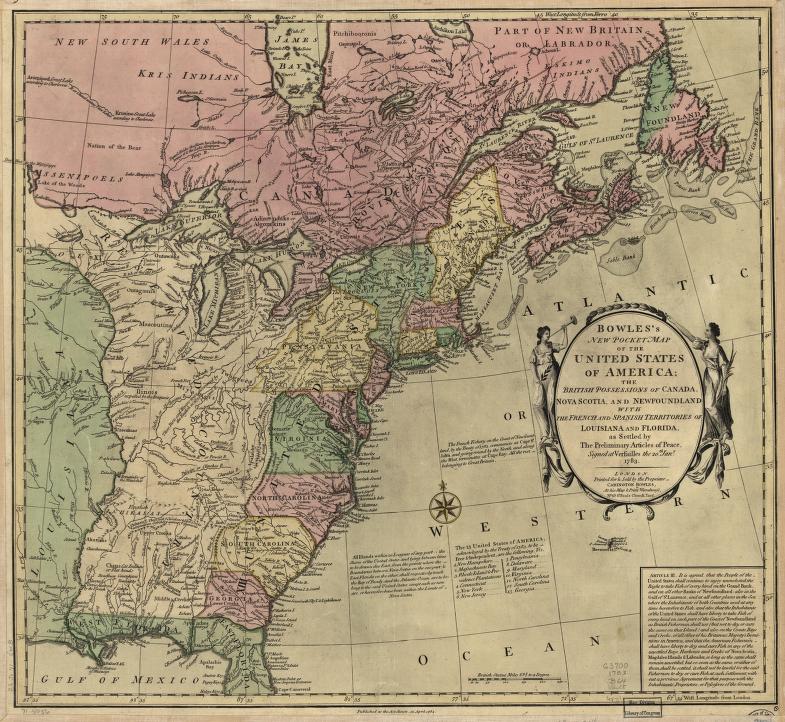Printed map of the eastern United States and part of Canada, with states colored individually