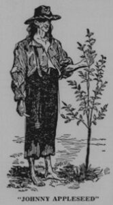 Newspaper clipping of an illustration of a tree and a person standing beside with visible text johnny appleseed.