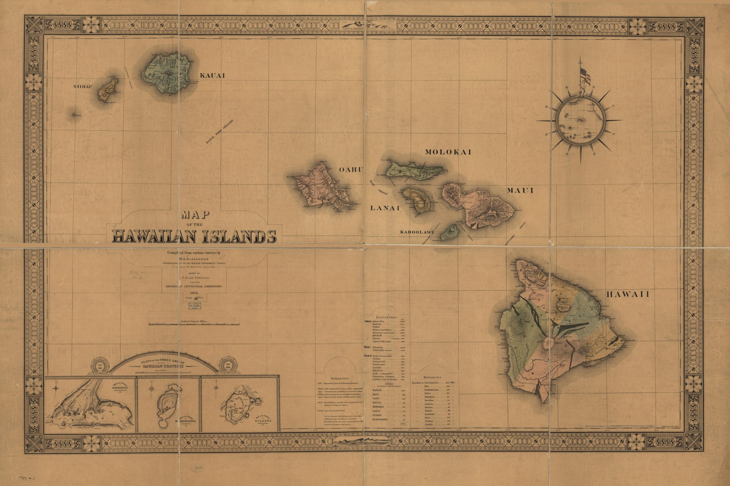 Colored map of the Hawaiian island from 1876 showing moku districts.