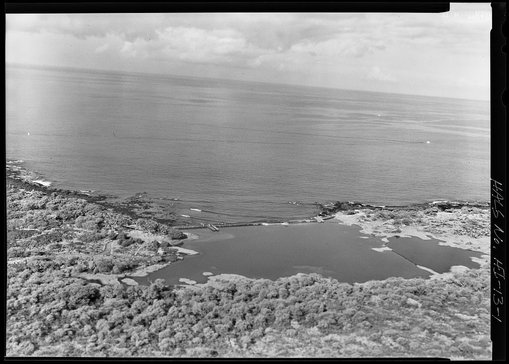 Aerial black and white photograph of the Kaloko fish pond on the island of Hawai'i.