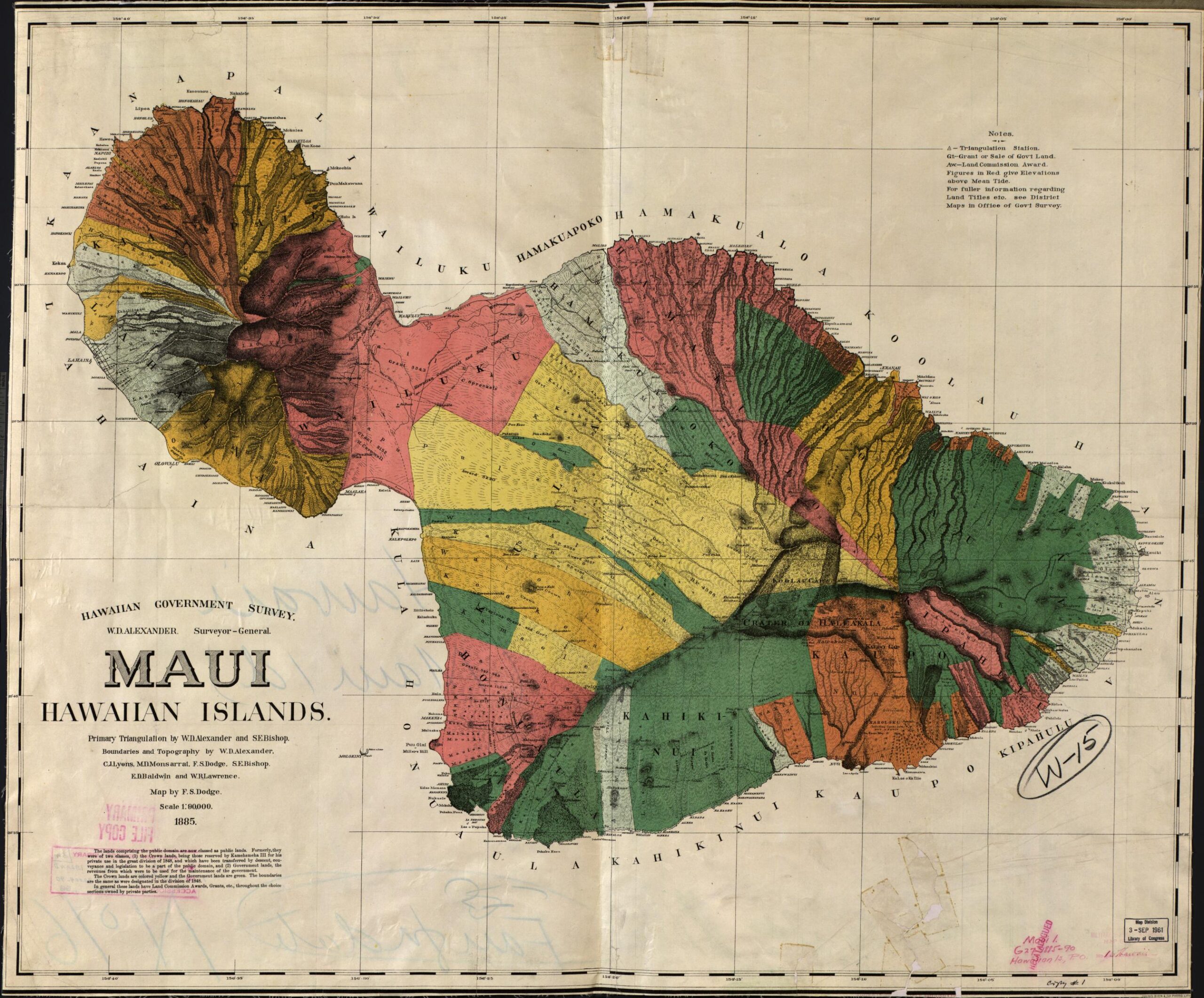 Map of island of Maui showing former crown and government lands as well as private lands.
