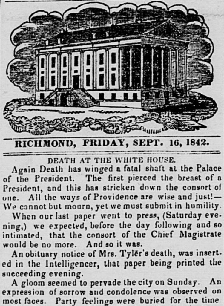 Detail of a newspaper article featuring a sketch drawing of the White House. The headline reads: Death at the White House.