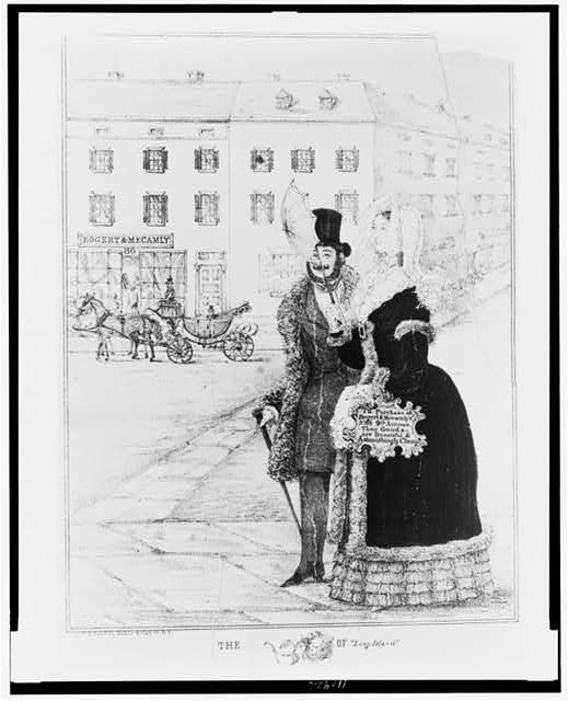 A lithograph of an advertisement featuring a man and woman walking down a street side-by-side (featured right in the foreground) dressed in early 19th century period clothing. In the background is a man sitting atop a horse-drawn carriage (left) and a row of townhomes with many windows lining the street. 