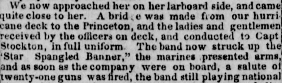 Detail of a newspaper article describing the merry scene as men and woman boarding the ship Princeton. 