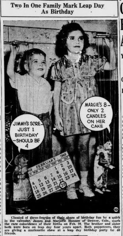 Newspaper clipping with photograph of two adolescents holding up puppets on strings with visible text two in one family mark leap day as birthday.