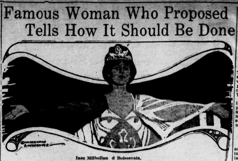 Newspaper clipping of a woman with outstretched arms and visible text famous woman who proposed tells how it should be done.