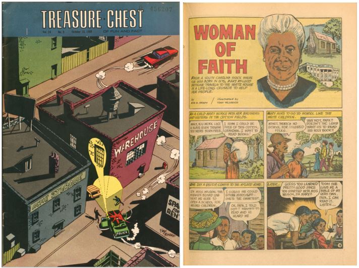 Cover of comic book shows an aerial view of a cartoon city warehouse district. Title page of Bethune's biography is titled woman of faith and a drawing of her with white hair. and a pearl necklace. above the four panels that begin the story.