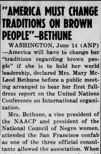Article titled with a quote from Bethune that reads America must change traditions on brown people.