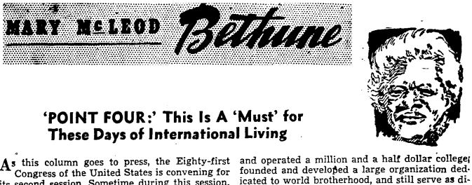 Title heading for Bethune's column in the Chicago Defender with a small image of her.
