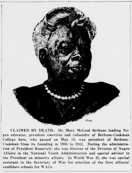 Black and white portrait drawing of Bethune with pearl necklace.