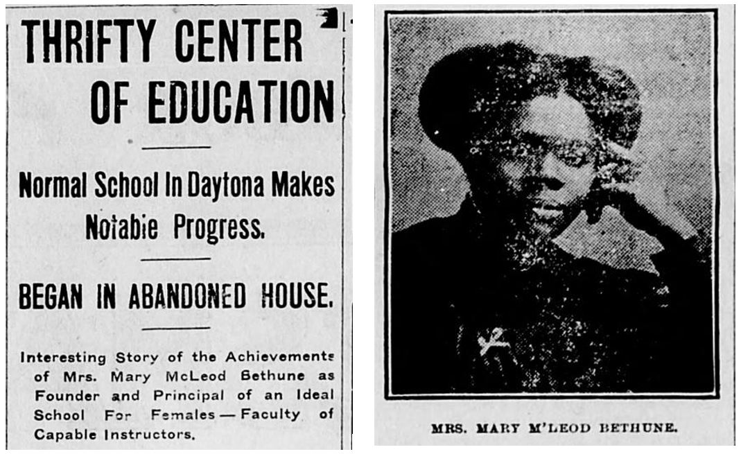 Article headline for thrifty center of education in daytona next to a newspaper photo of young Bethune, portrait.