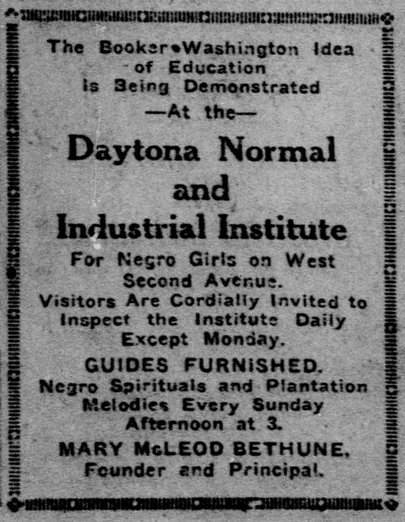 Bordered text advertising the Daytona Normal and Industrial Institute for Negro girls on West Second Avenue. The ad invites visitors.