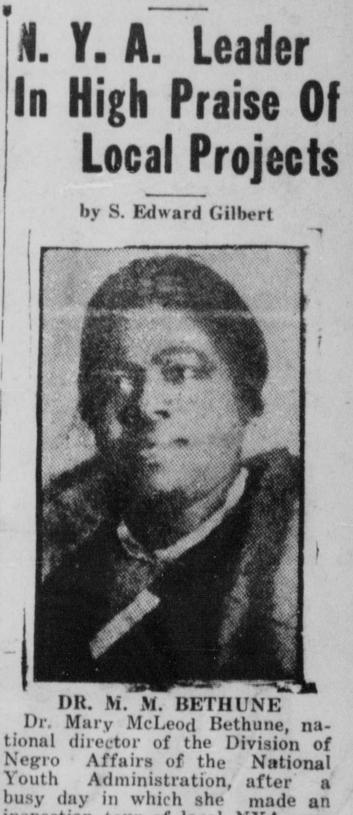 Article titled N.Y.A. Leader in high praise of local projects and a headshot photo of Bethune with dark hair.