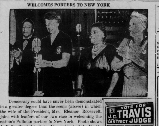 Newspaper photo of four people standing in front of a microphone at an event welcoming Pullman porters to New York. The center two are Bethune and Roosevelt.