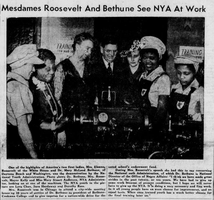 Mesdames Roosevelt and Bethune see NYA at workFour people stand around machinery to observe three young people operating it.