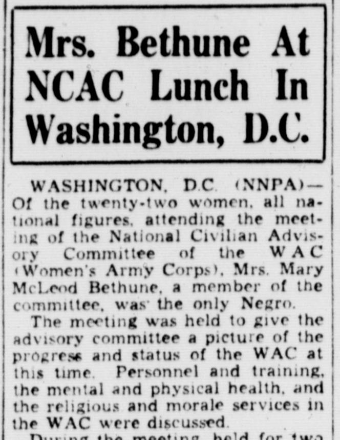 Article titled Mrs. Bethune at National Civilian Advisory Committee lunch in Washington, D.C.