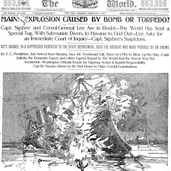 A drawing of the USS Maine exploding with debris and people flying through the air takes up the majority of the newspaper front page.