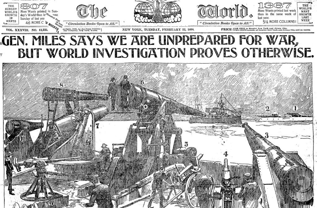A drawing taking up the majority of the newspaper front page shows men next to a variety of cannons being aimed at ships.