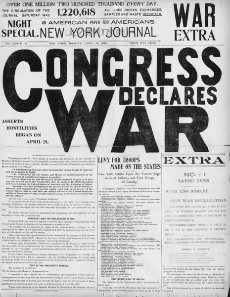 A War Extra edition of a newspaper with a headline that takes up half of the front page and three columns of text beneath.