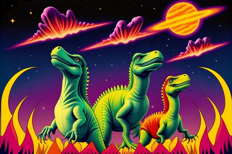 #AIArt – In the Style of Psychedelic Poster – dinosaurs looking up at a comet in the sky