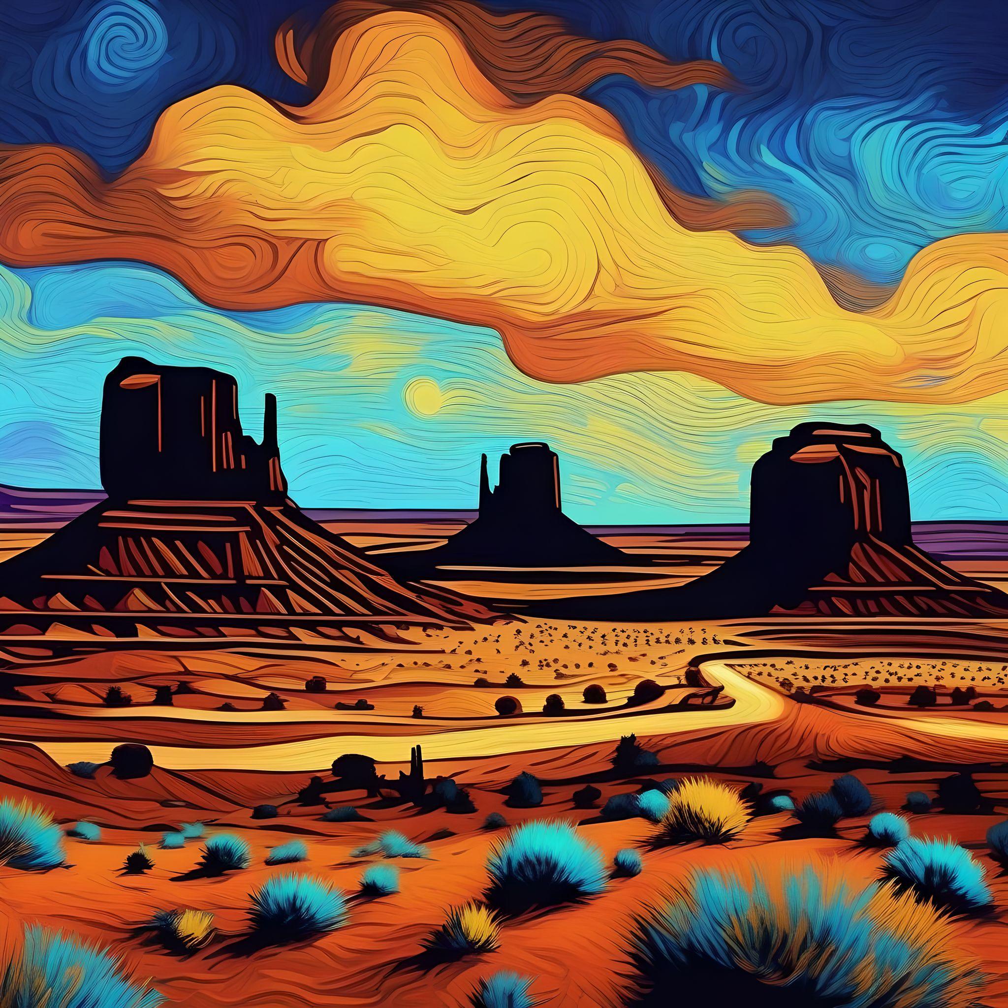 #AIPrompt – Image of Monument Valley, using Psychedelic Color, in the Style of Vincent van Gogh