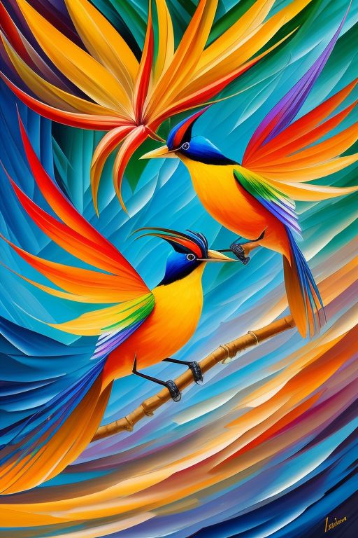 In the Style of Leonid Afremov create an image of Wilson's Bird-of-Paradise Wilson's Bird-of-Paradise is a small bird with iridescent plumage and elaborate plumage on its head and chest. Found in Indonesia- it is known for its elaborate courtship displays. -- using neon Color