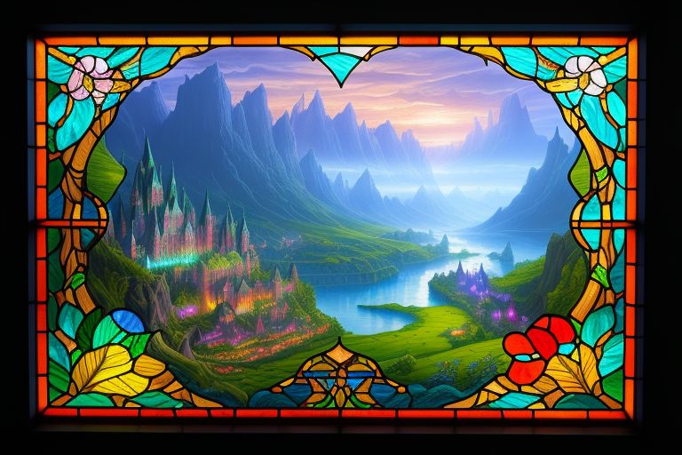 In the Style of Stained Glass Window - reimagine Fantasy Landscape Art' by Ferdinand Ladera - -- using Neon Color