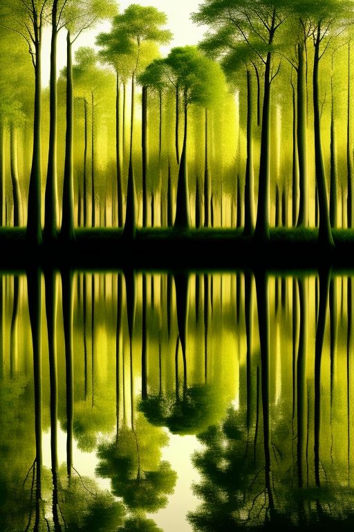 In the Style of Salvador Dali image of a Bitter Forests: Dense collections of trees and plants. Include Reflections: Mirror-like water surfaces reflecting the landscape., using High Contrast Color , With Emotion Fun,