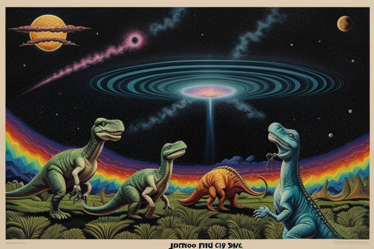 In the Style of Psychedelic Poster – dinosaurs looking up at a comet in the sky