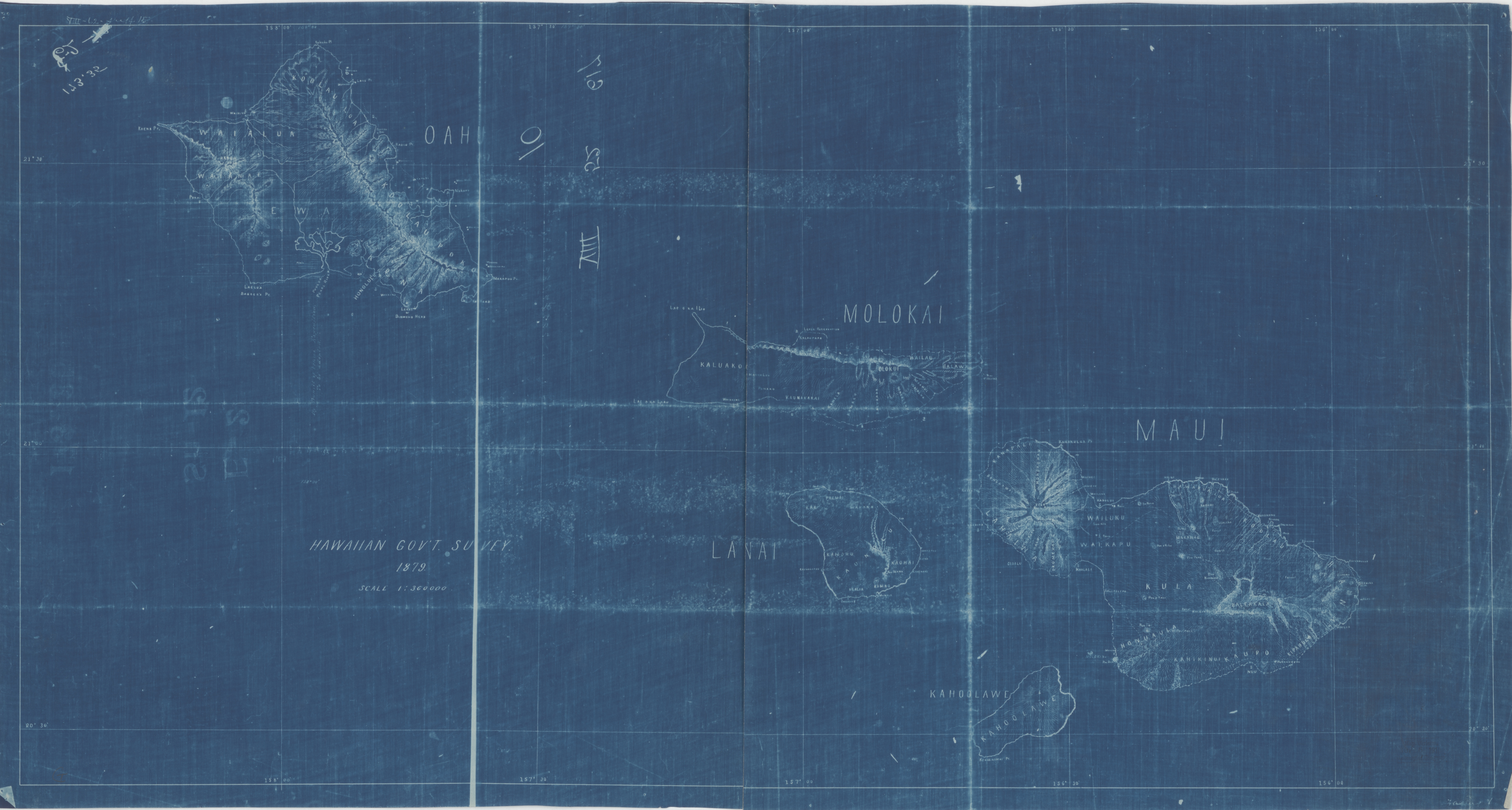 Map with blue background and white lines showing several of the Hawaiian islands.