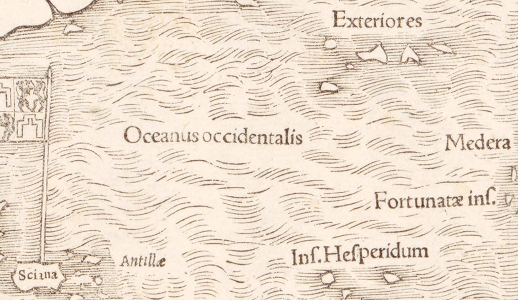 Section of a map of the Americas: close up of text labels including "Oceanus occidentalis" surrounded by ocean