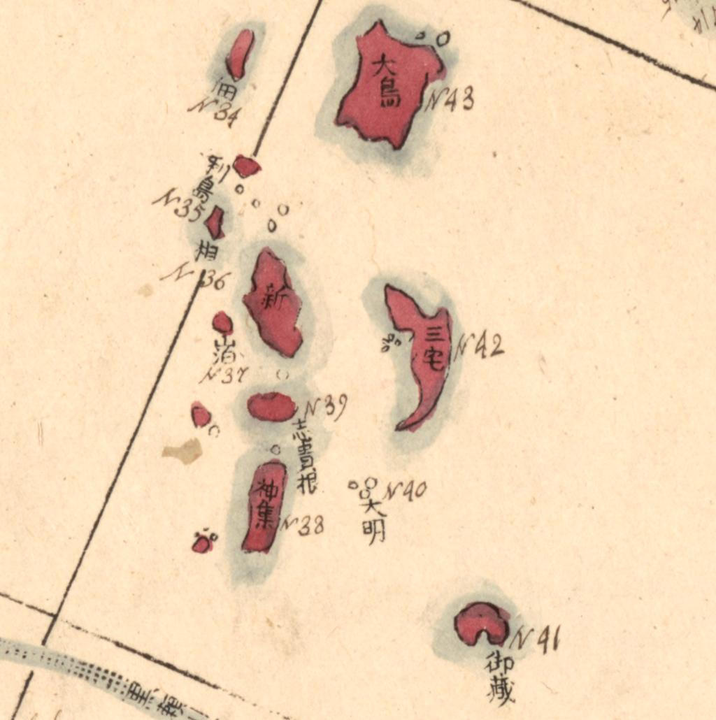 Close-up of above map showing several small islands colored red with light blue borders