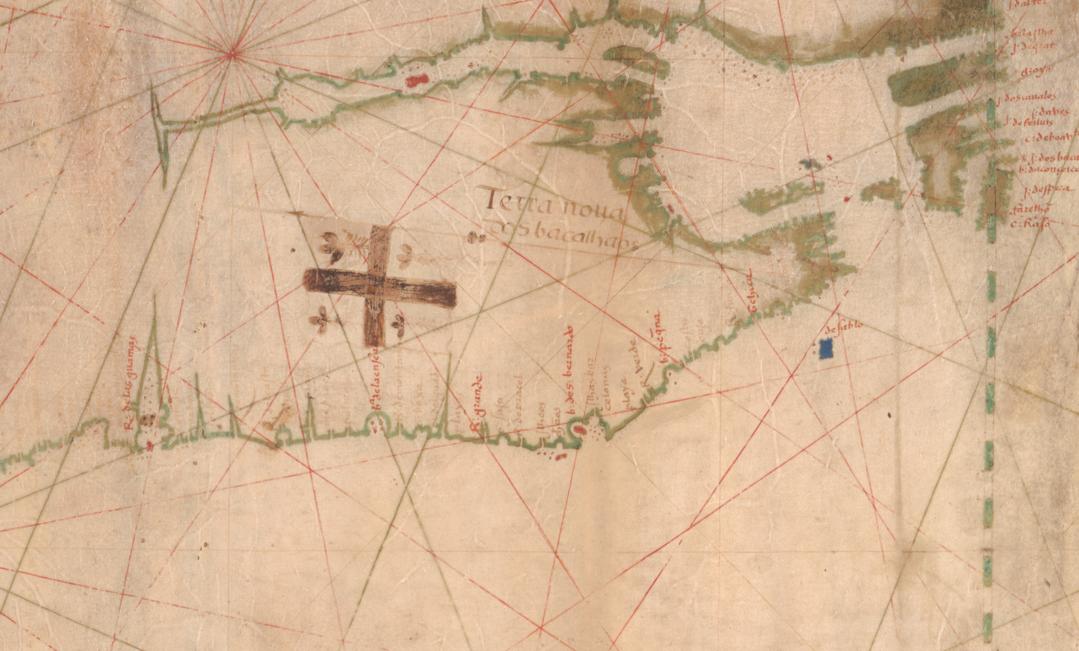 Detail of above map showing Newfoundland with a flag and label "Terra nova dos bacalhaos"