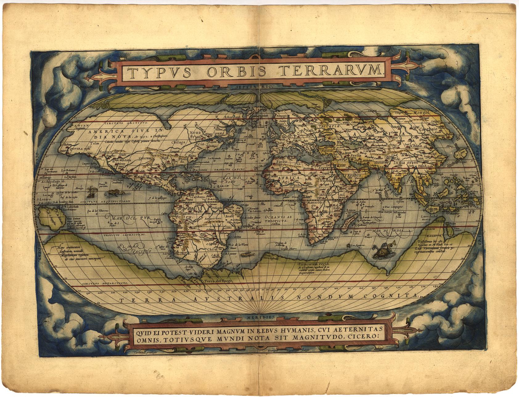Printed color world map on folio atlas plate, with large landmasses at both poles