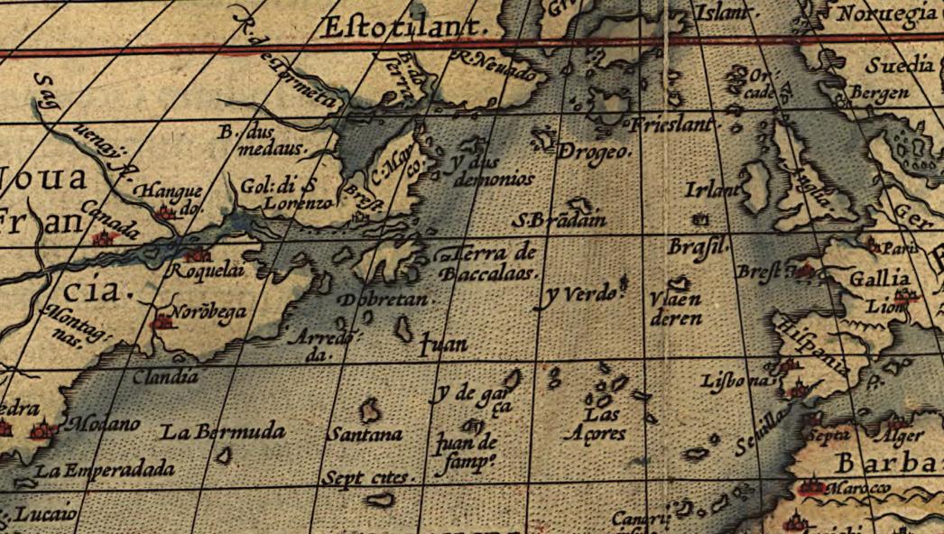 Detail of map above centered on northern Atlantic Ocean, showing Newfoundland with the label "Terra de Baccalaos"