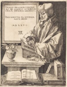 Engraving of Erasmus of Rotterdam surrounded by books and writing on a small lectern with a quill pen while he holds a pot of ink in the other hand. 