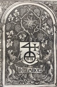 Image of Berthold Rembolt's printer's mark depicting two lions on either side of a tree with grape vines and a sun at the center.